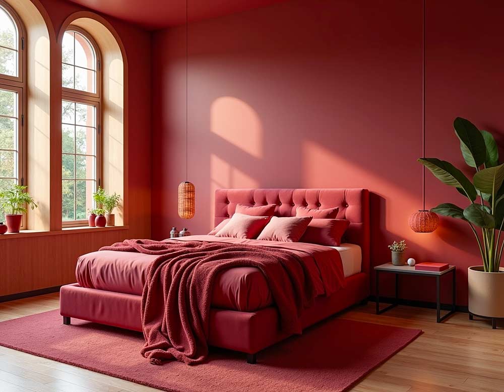 Designbett in Weinrot